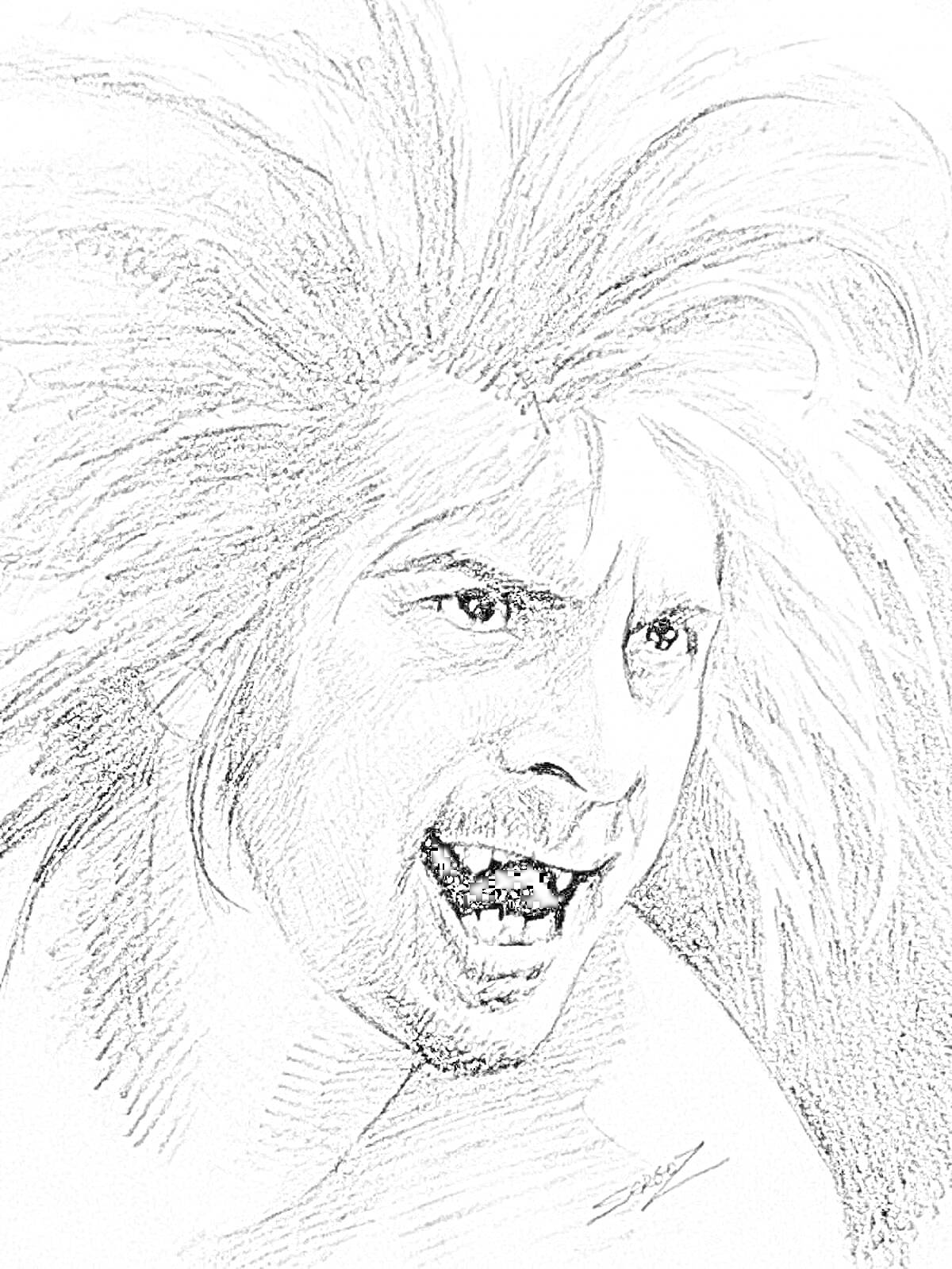 Раскраска Раскраска с изображением мужчины с диким выражением лица, растрепанными волосами и открытым ртом с видимыми клыками