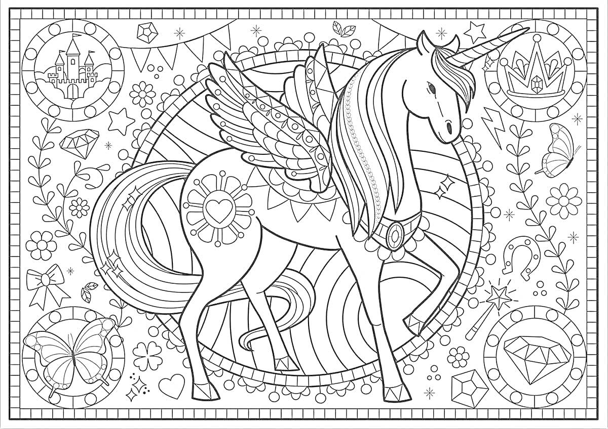 Раскраска Единорог с крыльями, сердечками, цветами, замком, короной, бабочкой и бриллиантами на волшебном фоне.