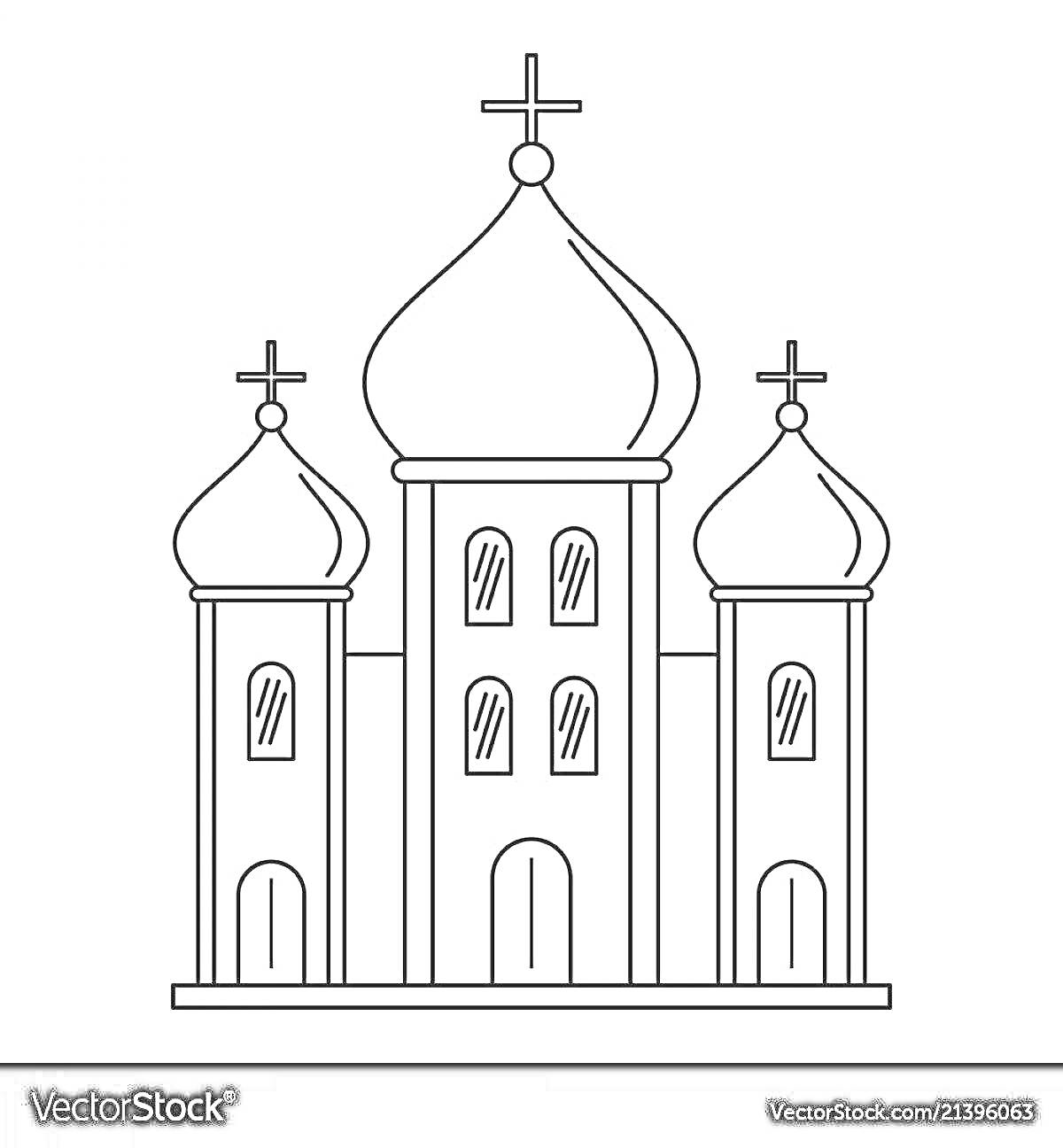 Раскраска Храм с тремя куполами и крестами, пять окон, три входа