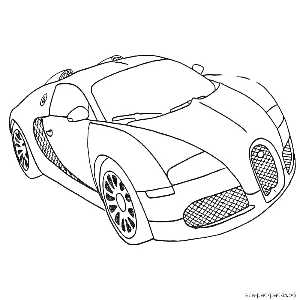 На раскраске изображено: Bugatti, Спорткар, Капот, Фары, Колёса, Транспорт