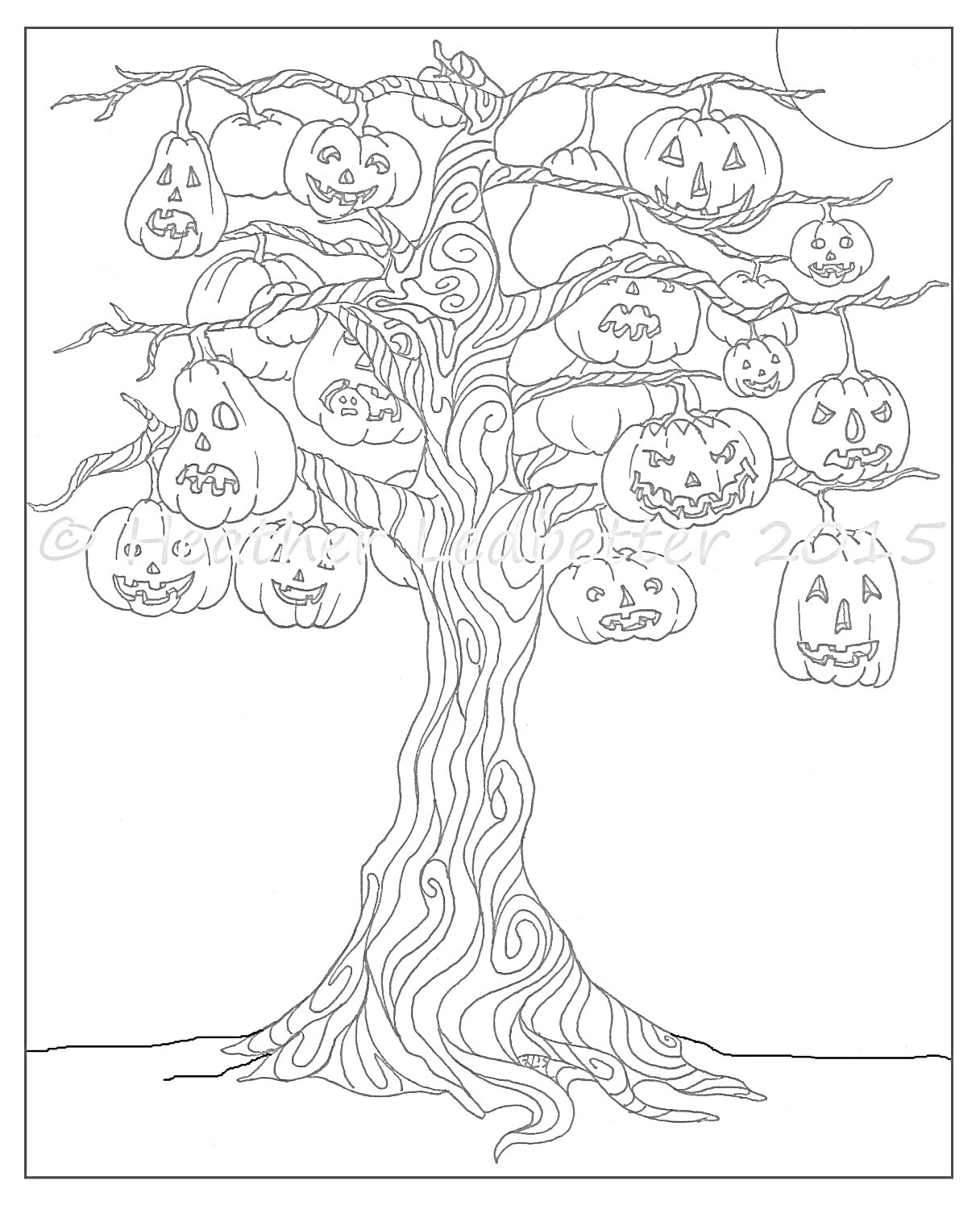 Волшебное дерево с тыквами, украшенными страшными лицами