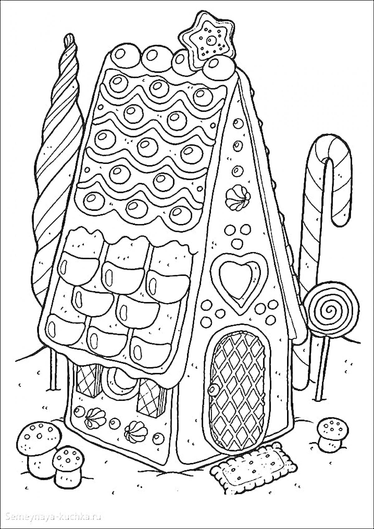 Раскраска Пряничный домик с дверью и окном, украшенный льдинками, конфетами, пряниками и звездочкой на крыше, рядом с леденцами, деревцами и грибочками