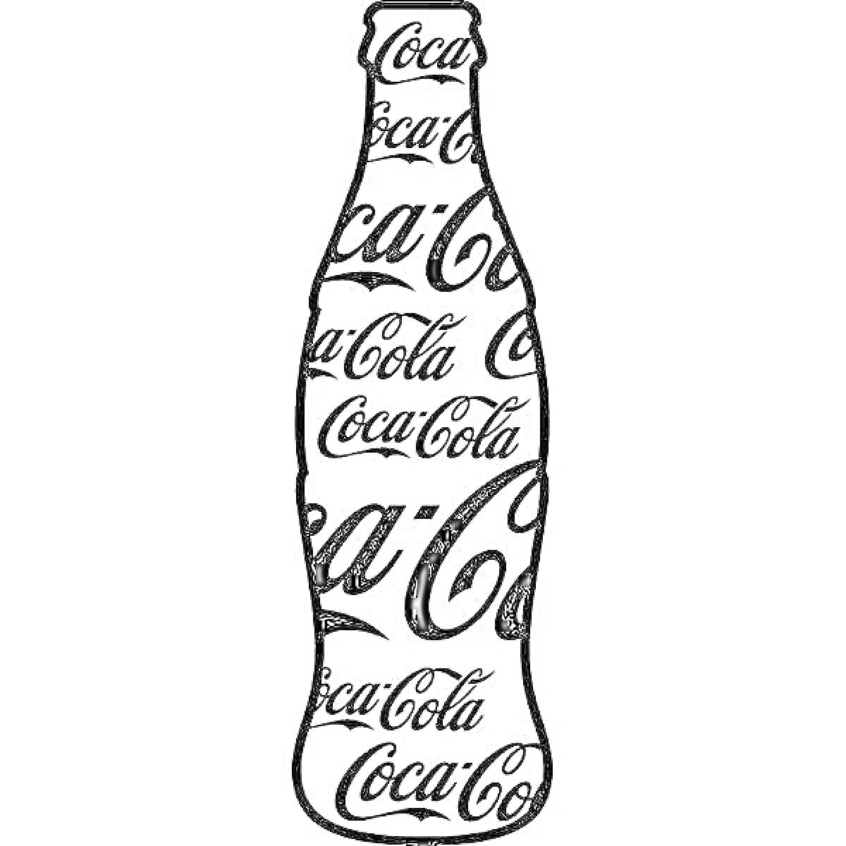 На раскраске изображено: Кока-кола, Бутылка, Надпись, Бренд, Контурные рисунки, Логотипы