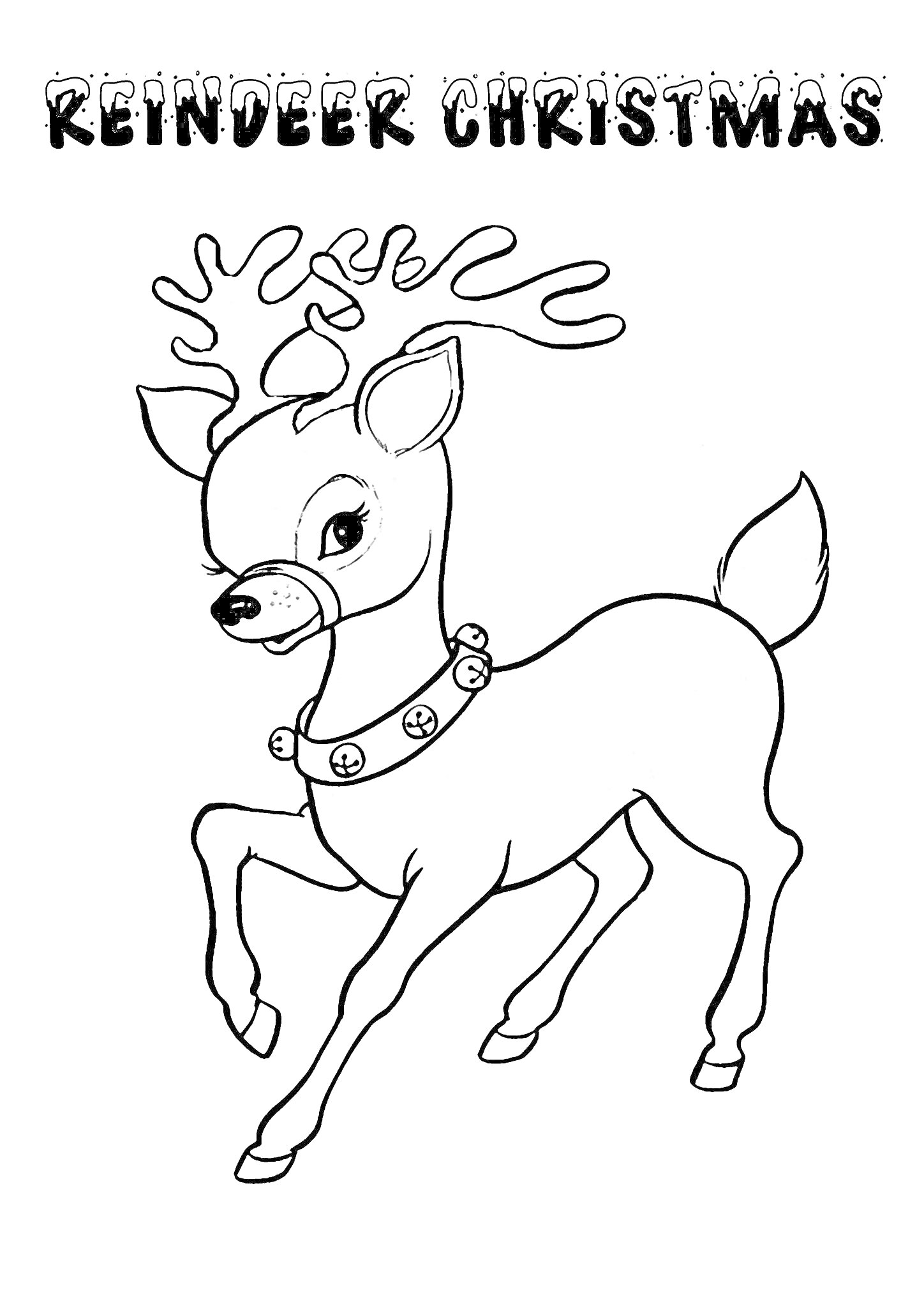 Раскраска Олень с колокольчиками и рожками, надпись
