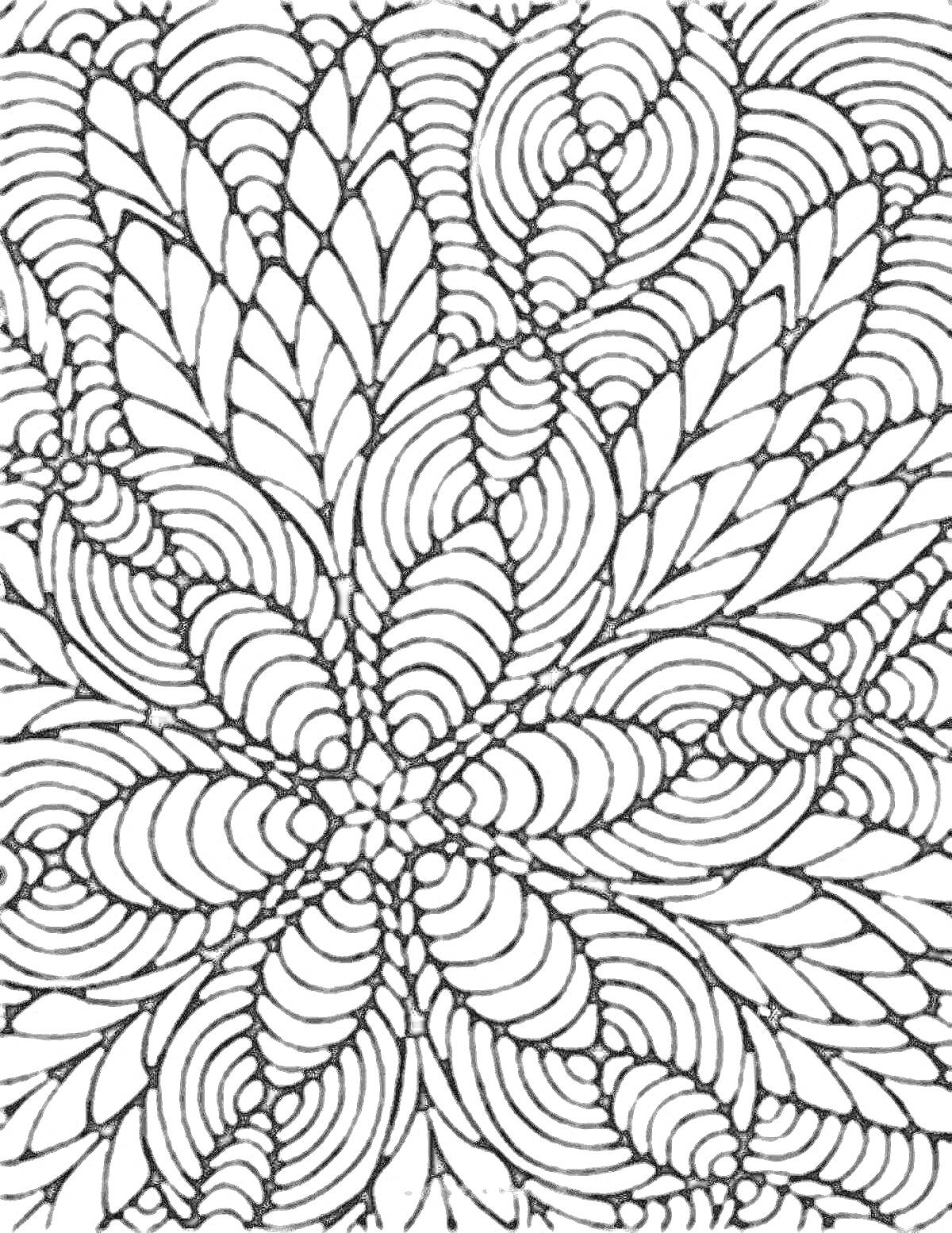 Раскраска узор листьев и спиральных линий, заполняющий весь лист