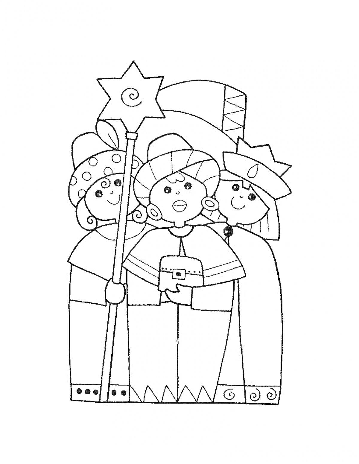На раскраске изображено: Святки, Рождество, Три человека, Музыкальные инструменты, Звезды, Палки, Праздники