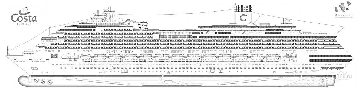 Раскраска Круизный лайнер Costa Concordia в профиль. Изображение показывает детали палуб различных уровней, корпус судна, эмблему 
