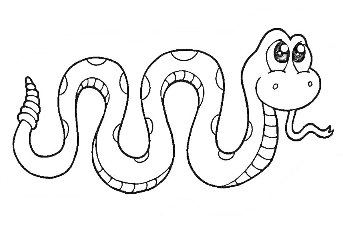 На раскраске изображено: Животные, Пятна, Большие глаза, Высунутый язык, Для детей, Змеи