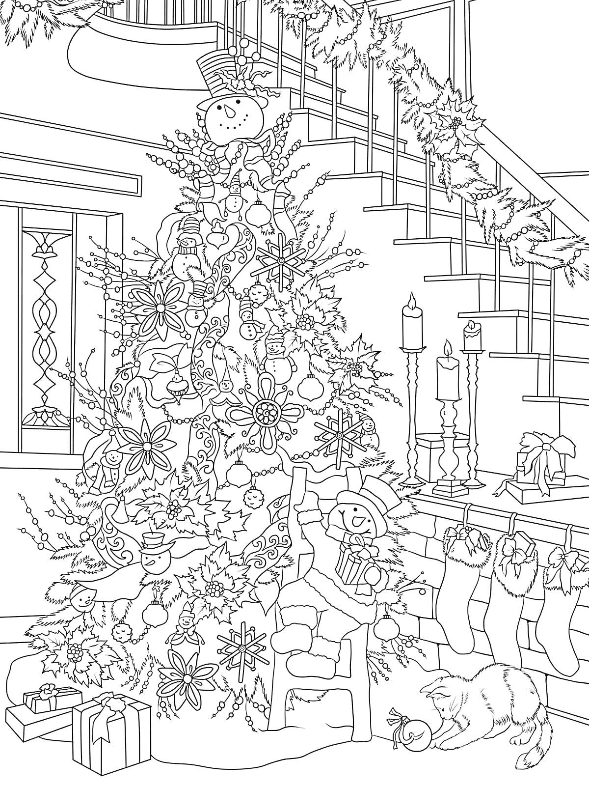 Раскраска Ёлка с игрушками, снеговик на вершине, мышонок с подарком, кошка возле ёлки, камин с рождественскими носками, свечи, подарки под ёлкой, лестница с гирляндой