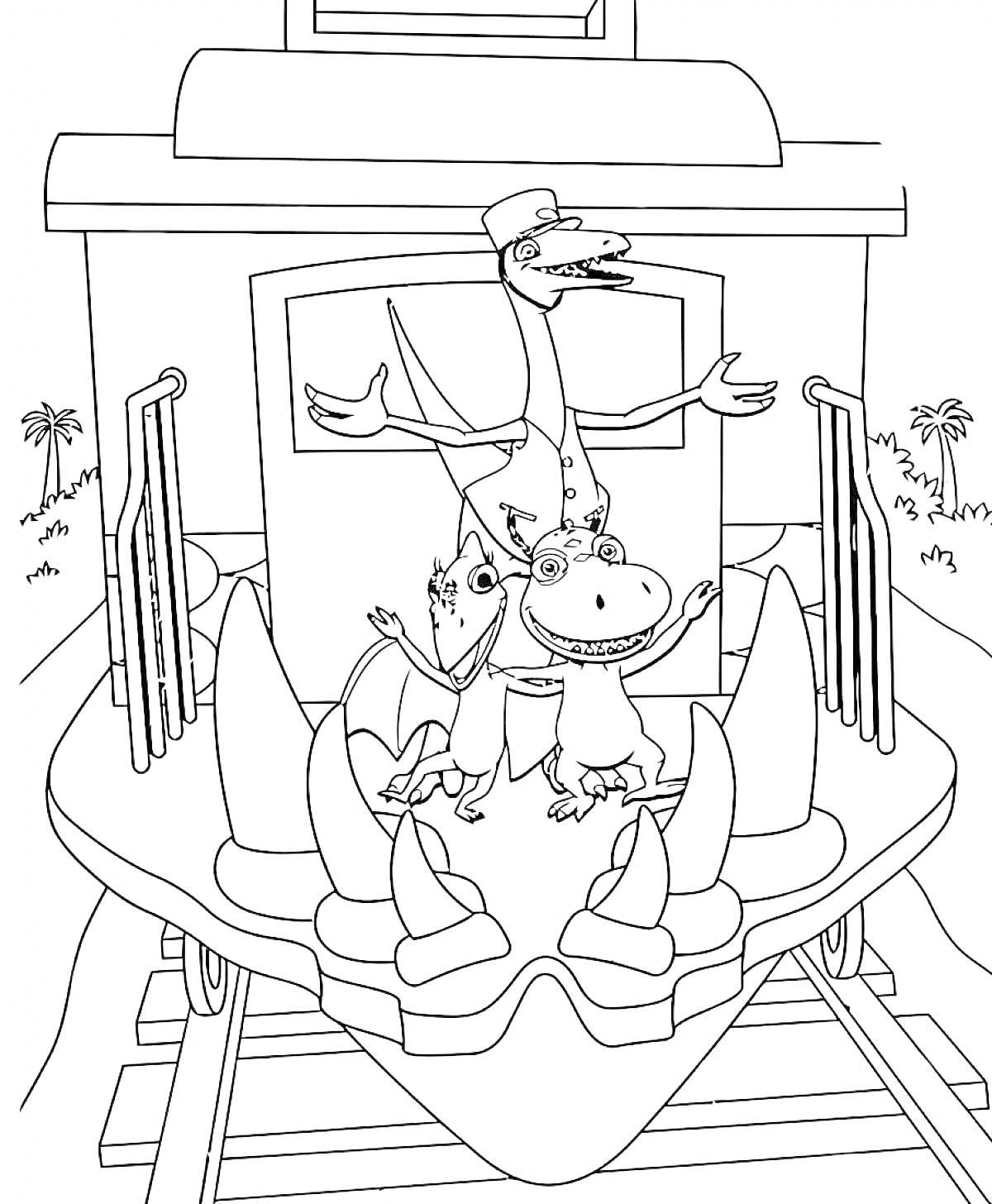 Раскраска Динозавры на переднем вагоне поезда динозавров, включая кондуктора-птерозавра и его помощников, фон с пальмами
