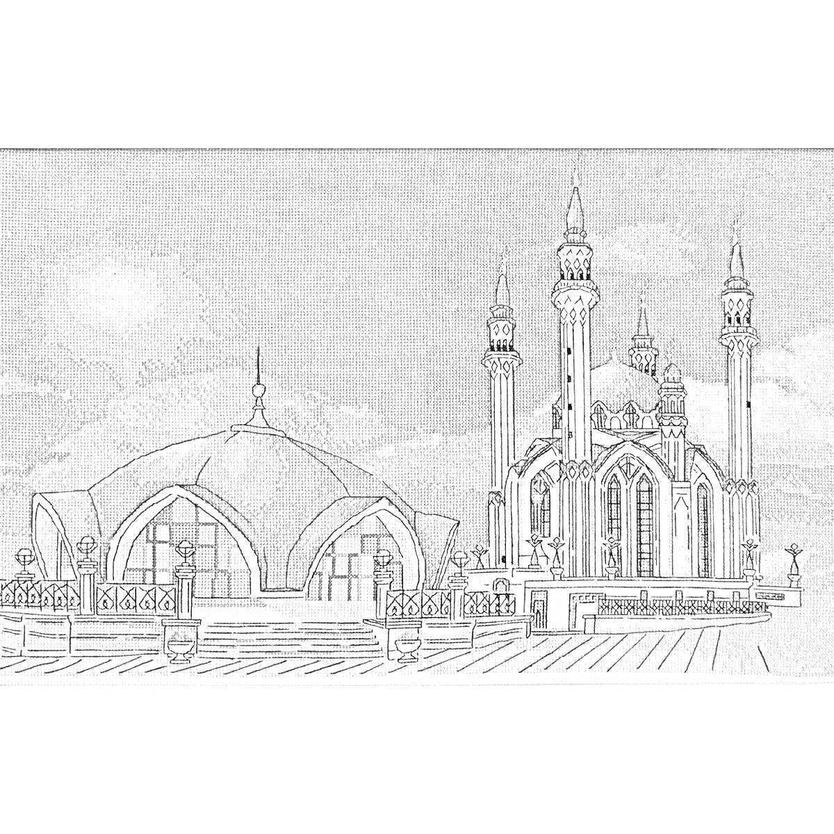На раскраске изображено: Мечеть, Архитектура, Облака, Собор, Ислам, Минареты, Купола, Для детей