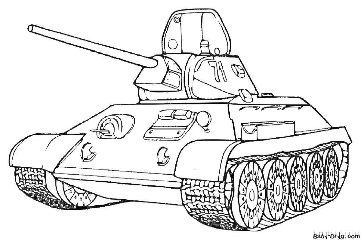 Раскраска Раскраска танка с гусеницами, пушкой и башней