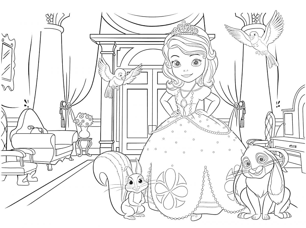 На раскраске изображено: Принцесса, Замок, Животные, Белка, Птица, Гостиная, Мебель, Люстра, Корона, Стол, Окна, Шторы