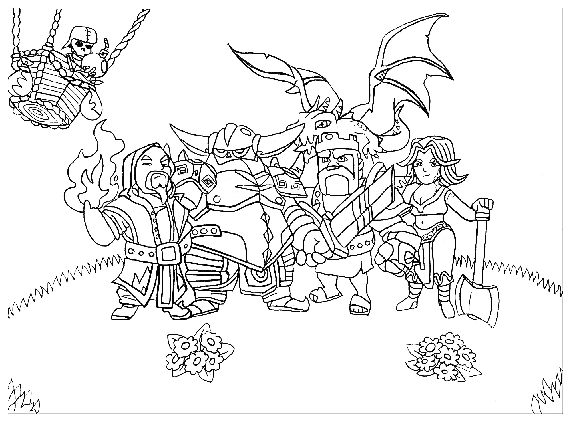 Раскраска Герои Клеш Роял с мечами и топорами, воздушный шар и цветы