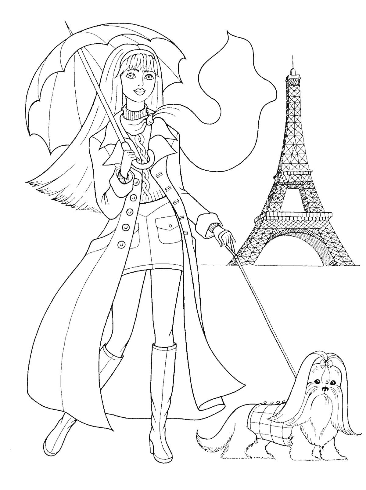 Раскраска Девочка с зонтиком и собачкой на фоне Эйфелевой башни