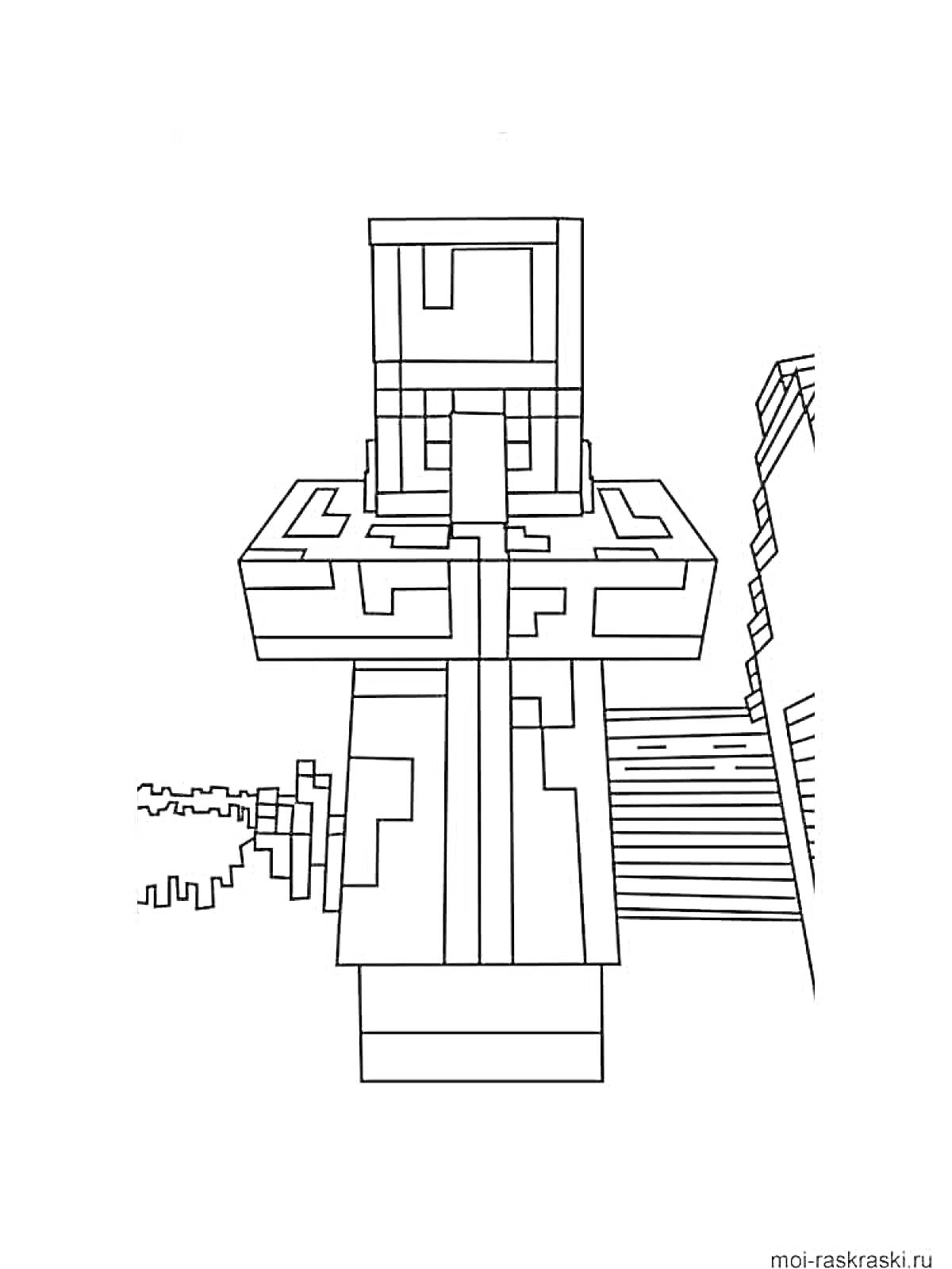 Раскраска Персонаж в пиксельном стиле из видеоигры с фоном зданий