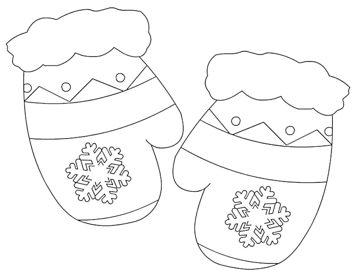 Раскраска Варежки с меховой опушкой, геометрическим узором и снежинками