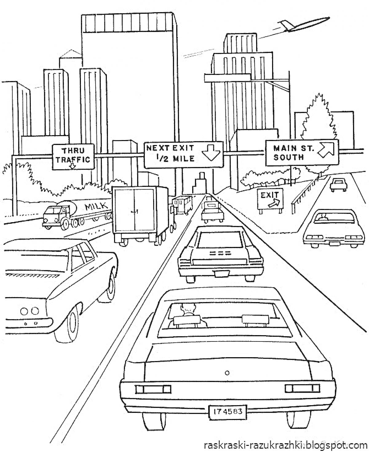 На раскраске изображено: Городской транспорт, Дороги, Небоскрёбы, Дорожные знаки, Авто, Города, Грузовая машина, Самолеты