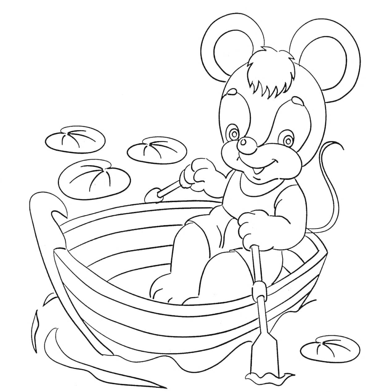 На раскраске изображено: Лодка, Весло, Кувшинки, Вода, Для детей, Мышь