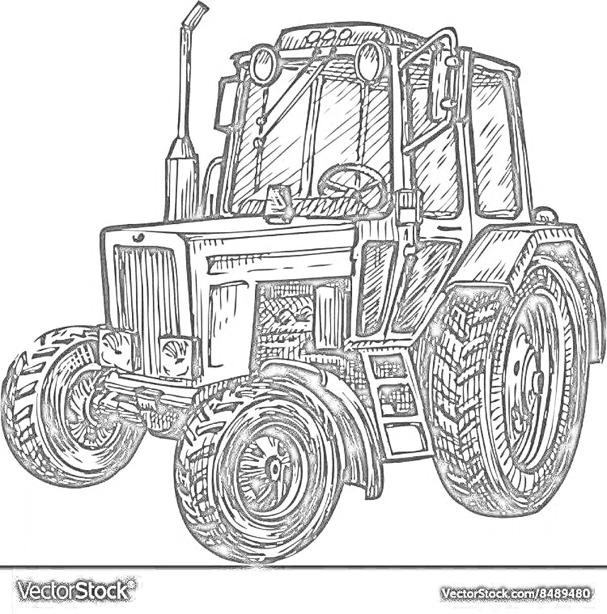 На раскраске изображено: Трактор, Сельскохозяйственная техника, Большие колеса, Передние колеса