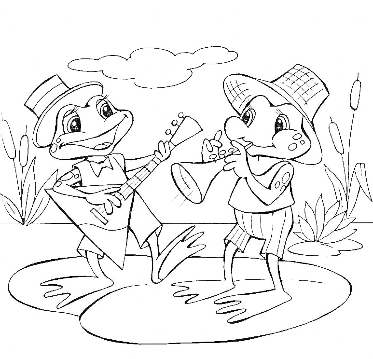 Раскраска Две лягушки с музыкальными инструментами на пруду среди камышей