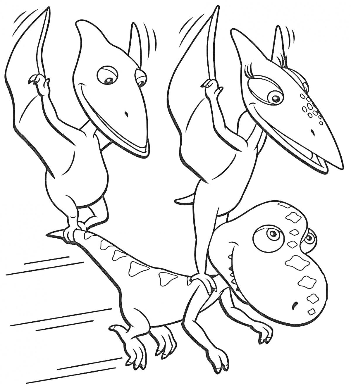 Раскраска Пара птеранодонов летит на трицератопсе