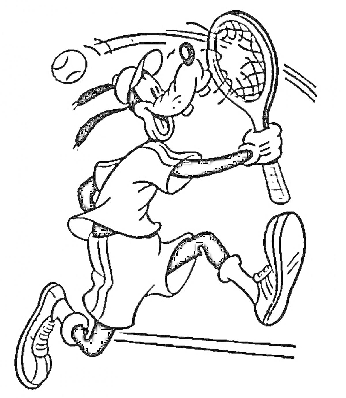 Раскраска Персонаж с длинными ушами играет в теннис, держа ракетку одной рукой, в окружении теннисного мяча