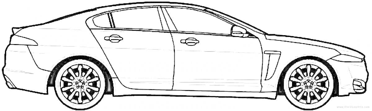 Раскраска Контур автомобиля Jaguar, вид сбоку, колесные диски, двери, окна, зеркало заднего вида