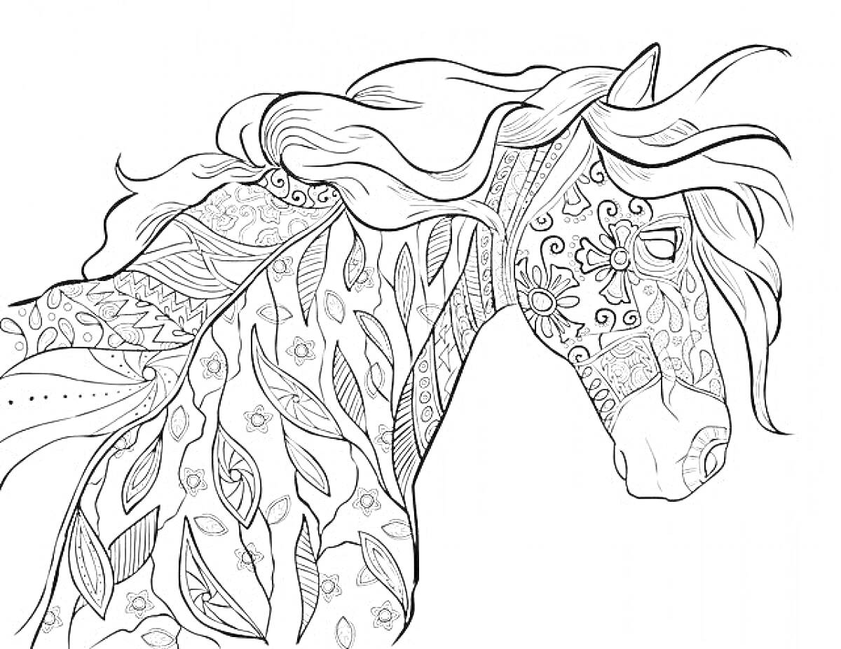 На раскраске изображено: Лошадь, Антистресс, Узоры, Цветы, Листья, Завитки, Спокойствие
