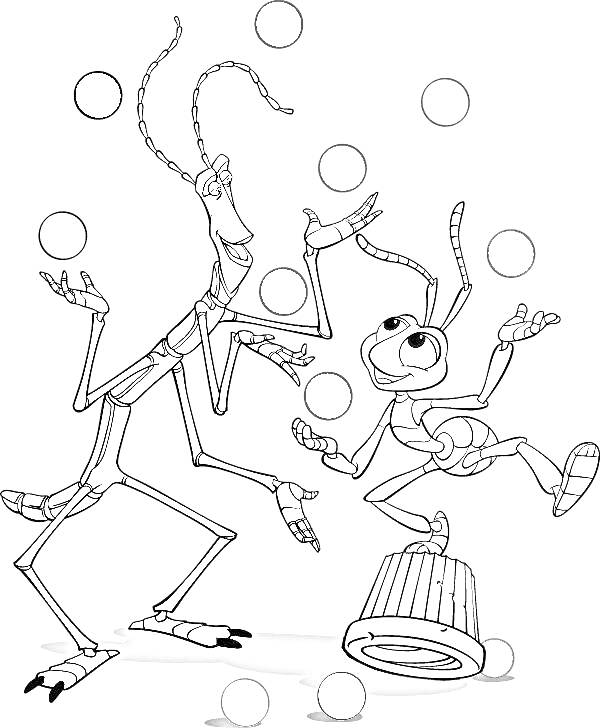 Раскраска Жонглирование жуками рядом с ведром