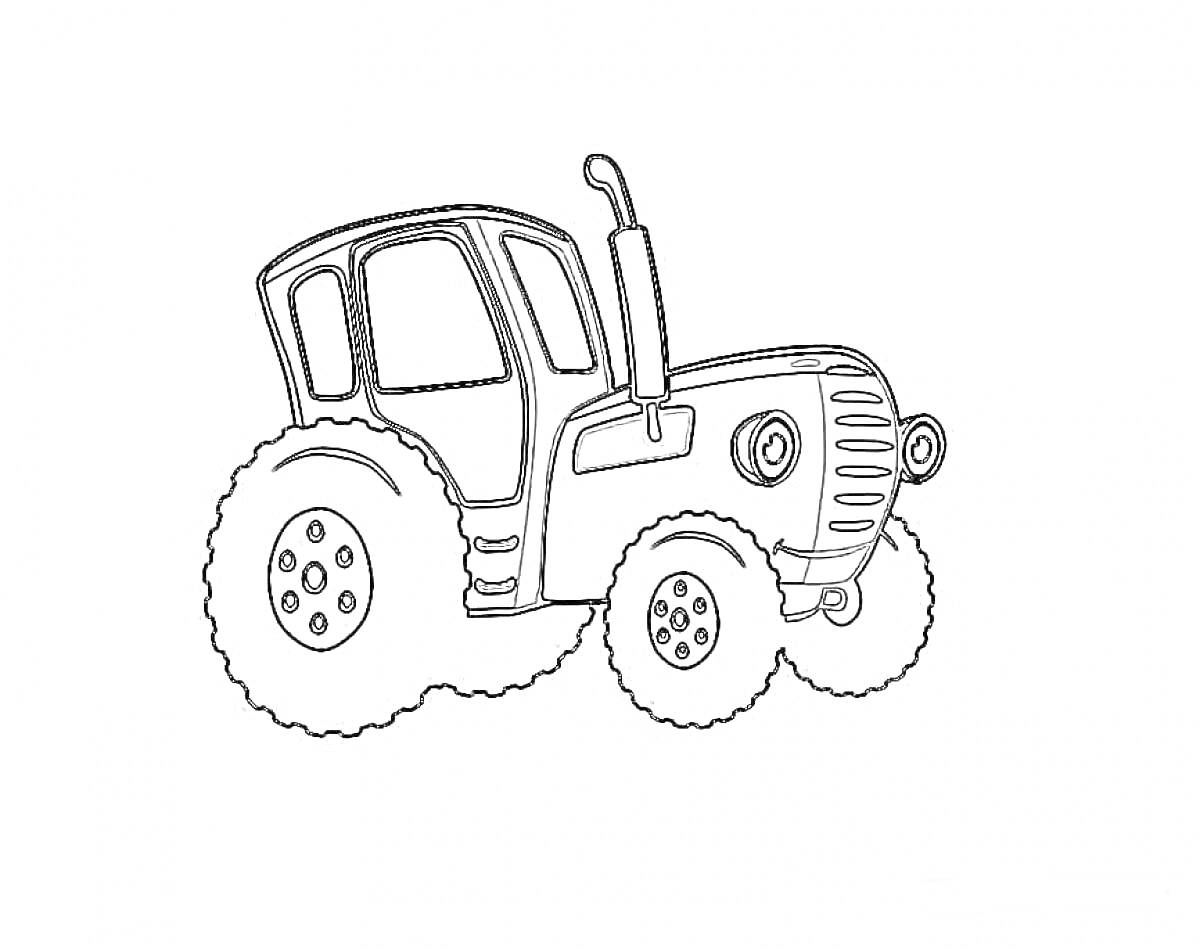 На раскраске изображено: Трактор, Большие колеса, Сельскохозяйственная техника, Для детей, Кабина водителя