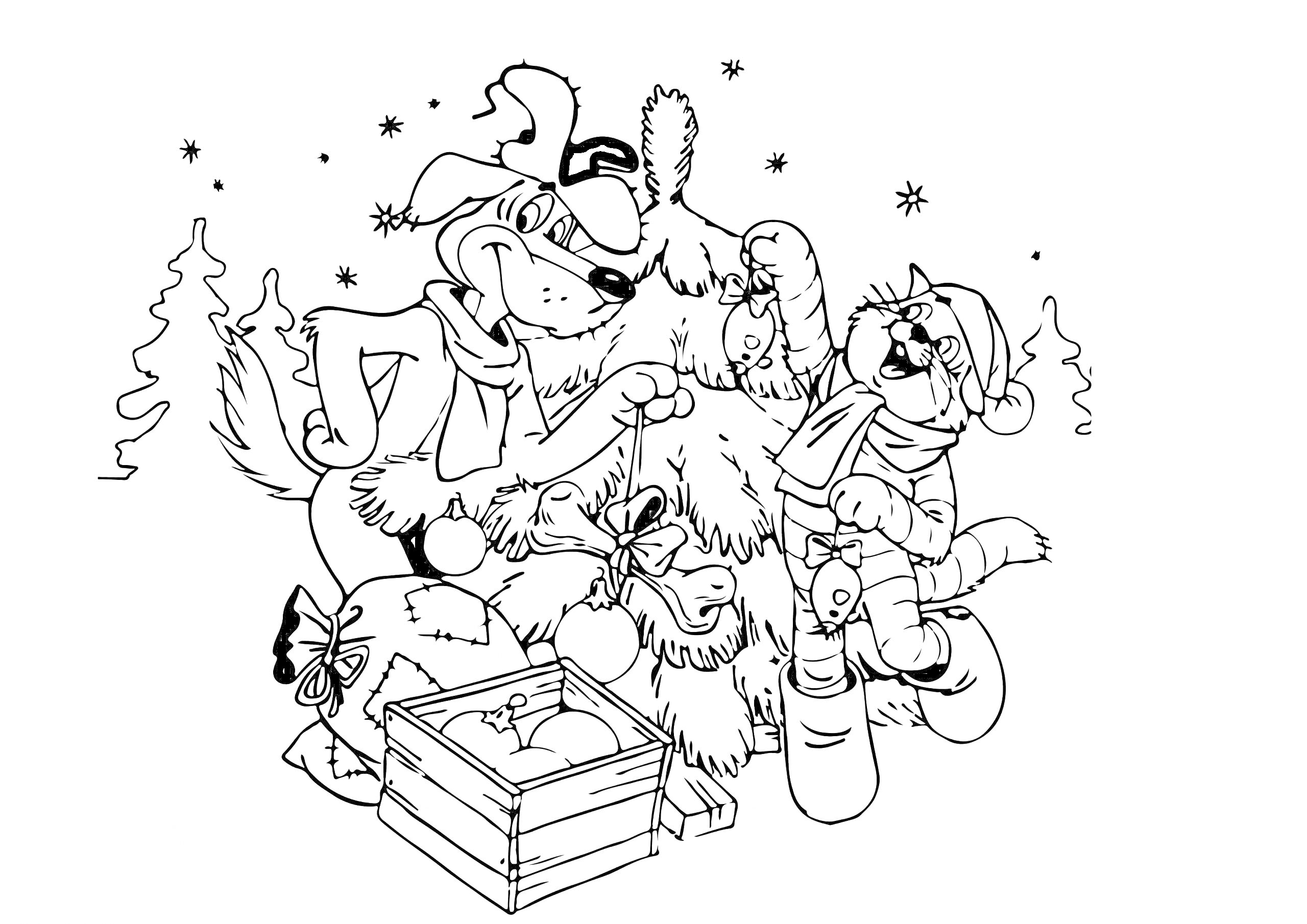 Раскраска Пес и кот с рождественской елью и подарками