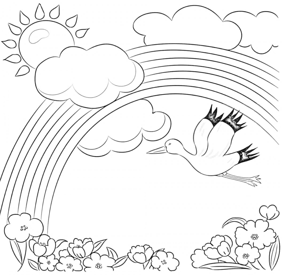 На раскраске изображено: Природа, Солнце, Облака, Аист, Цветы, Луг, Спокойствие, Мир, Благодарность