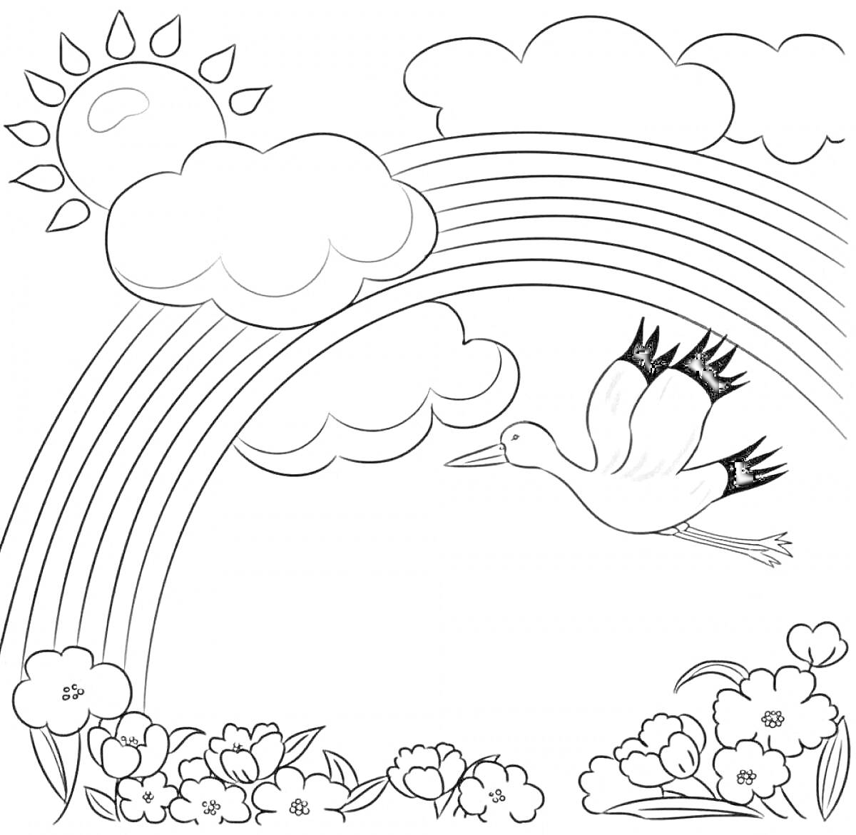 Раскраска Луговые цветы, радуга, облака, солнце и летящий аист