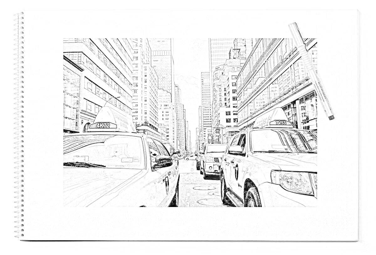 На раскраске изображено: Такси, Здания, Небоскребы, Блокнот, Городская сцена