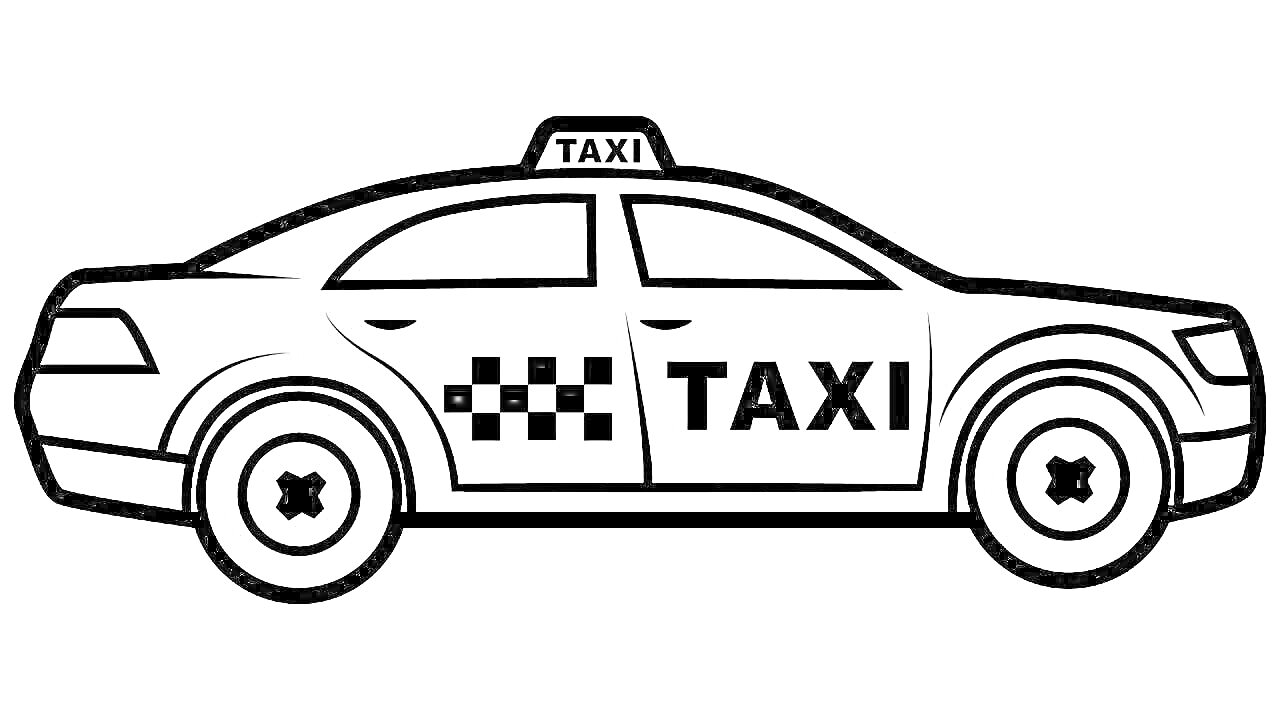 На раскраске изображено: Такси, Авто, Транспорт, Перевозка, Городской транспорт