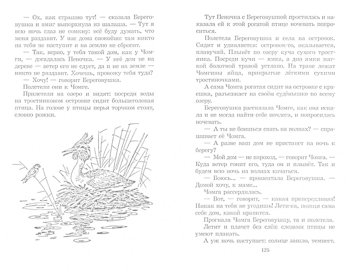 Раскраска Страницы книги с изображением гнезда у водоема, двумя длинноногими птицами и камышами, и текстом вокруг