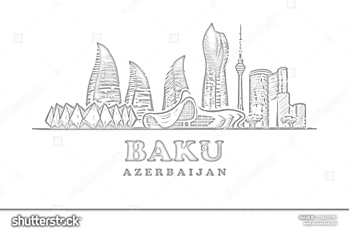Раскраска Баку - городской пейзаж с современными зданиями и достопримечательностями, включая Flame Towers и телевышку