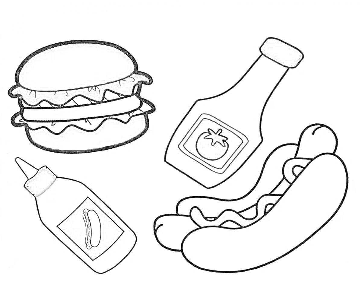 Раскраска Бутерброд, хот-доги, бутылка с соусом, бутылка с кетчупом