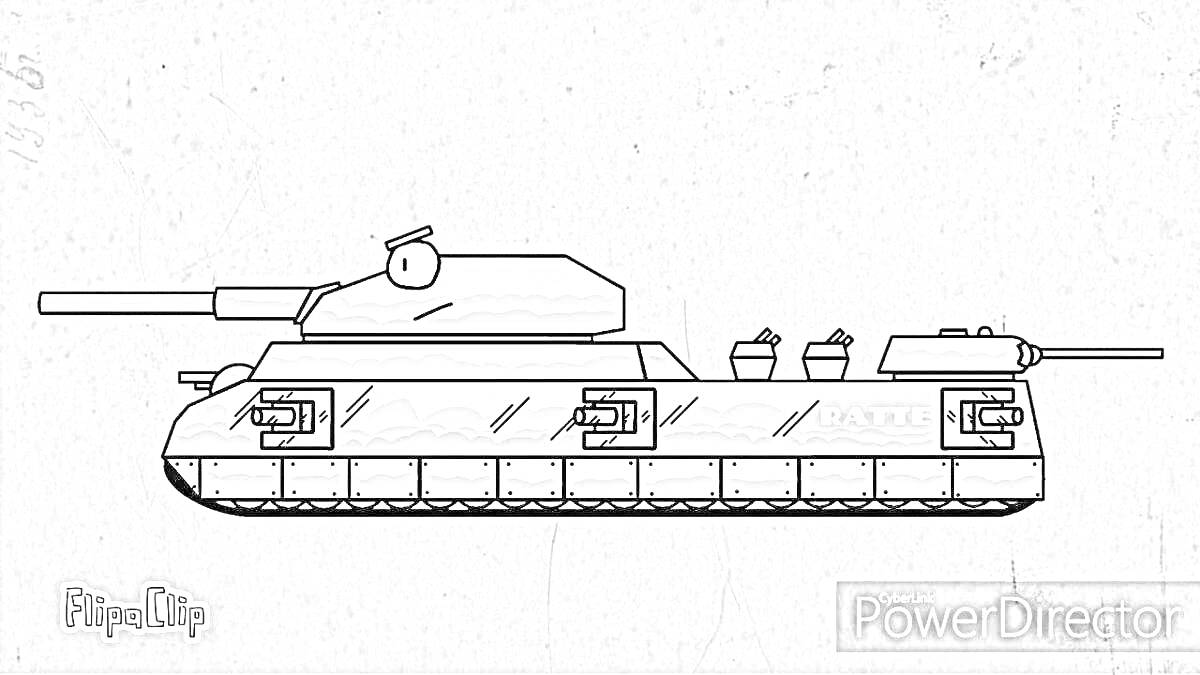 Раскраска Ратте танк с пушкой и башней, три купола на корпусе, серый фон