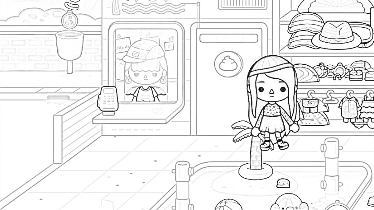 Два персонажа в магазине с бассейном и аксессуарами. Девочка у бассейна с фонтаном, в витрине продавец, на полках шляпы и аксессуары.