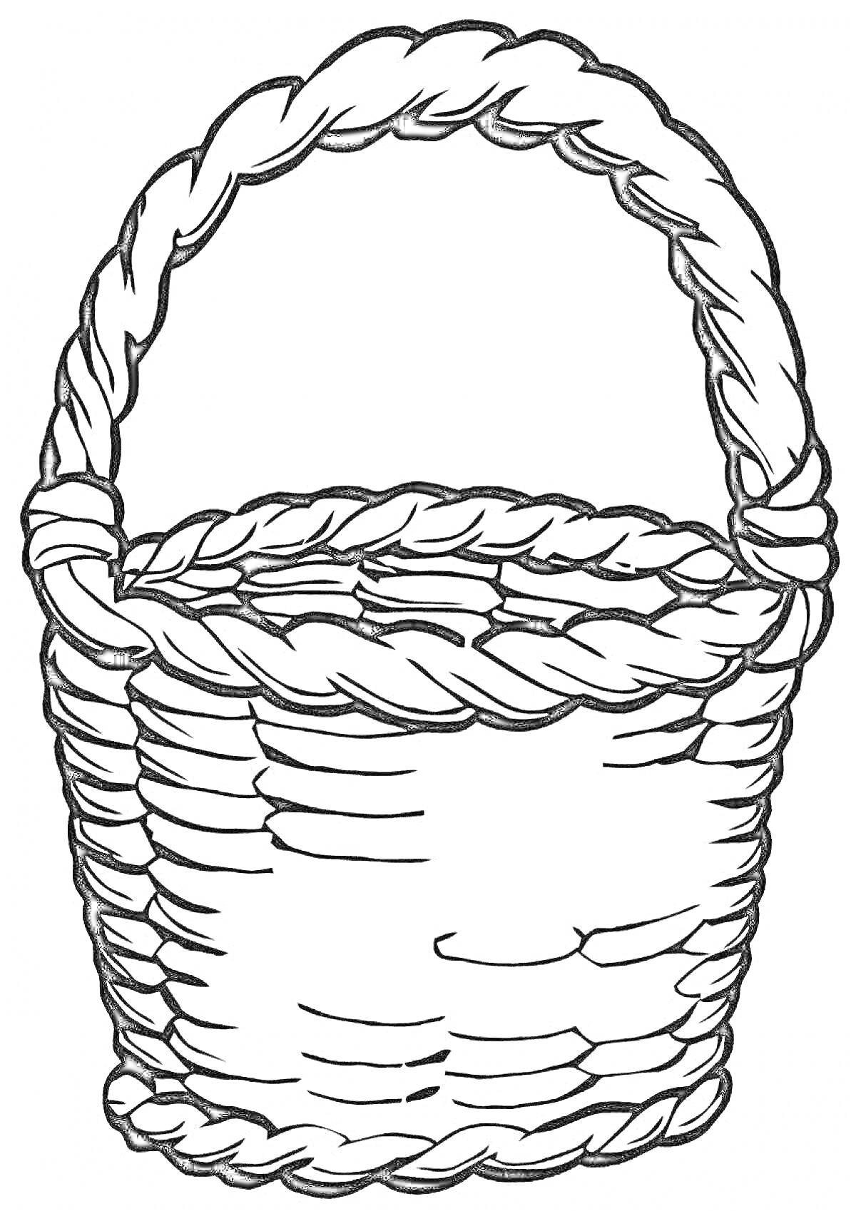 На раскраске изображено: Корзина, Плетеная, Ручка, Контурные рисунки