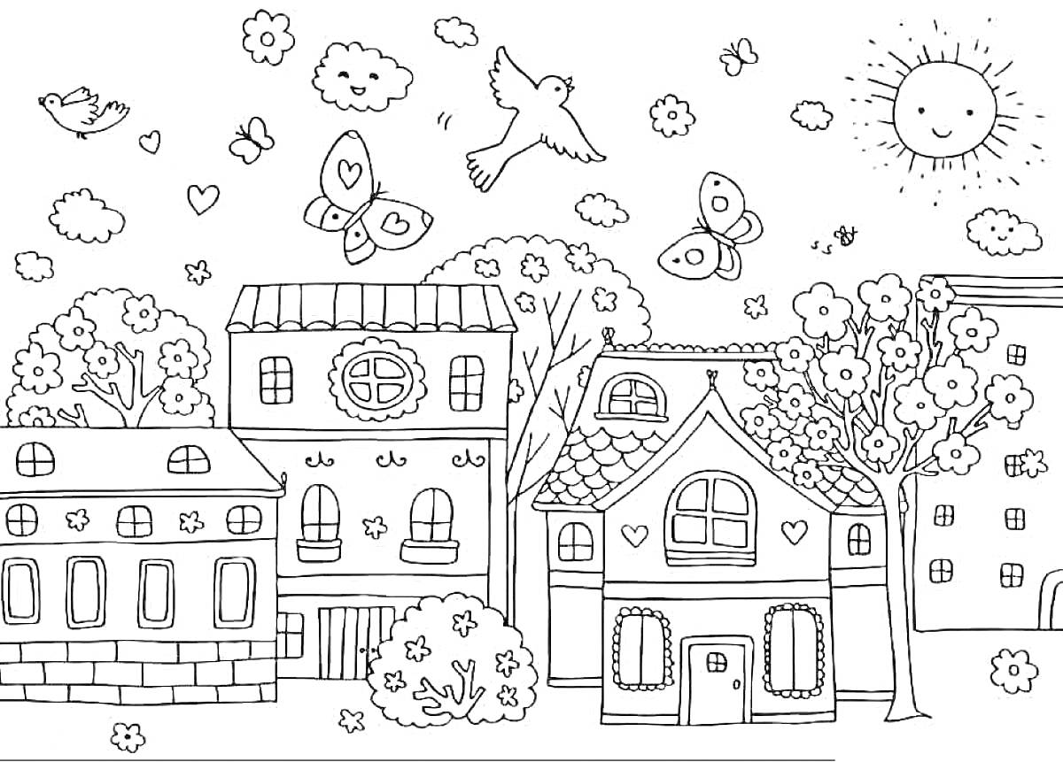 Раскраска Городская сцена с домами, деревьями, цветами, солнцем, бабочками и птицами