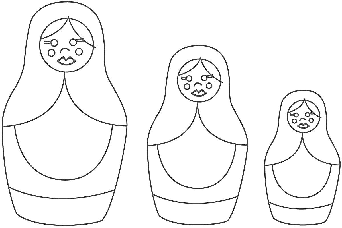 Раскраска Три матрешки разного размера с лицами и платками