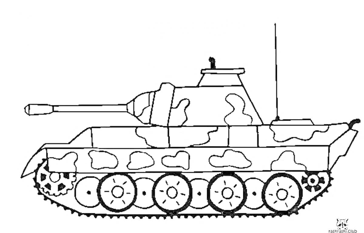 Раскраска Танк с пушкой, гусеницами и камуфляжным узором