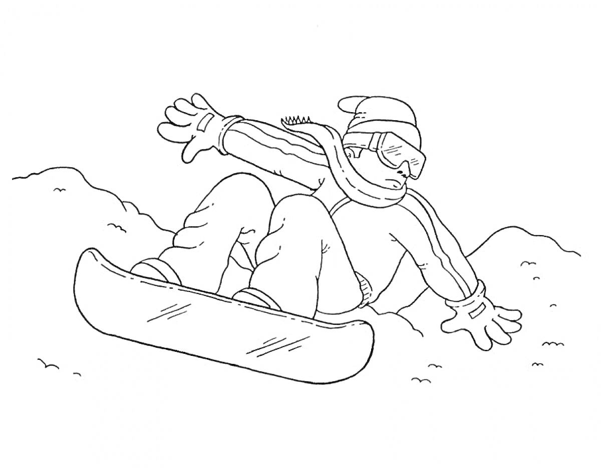 На раскраске изображено: Сноубордист, Спорт, Зима, Снежный склон, Шапка, Шарф, Перчатки