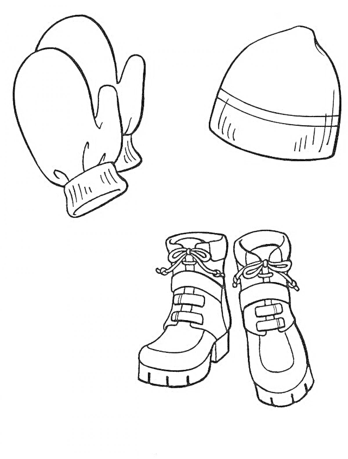 На раскраске изображено: Одежда, Головные уборы, Обувь, Шапка, Ботинки, Зима