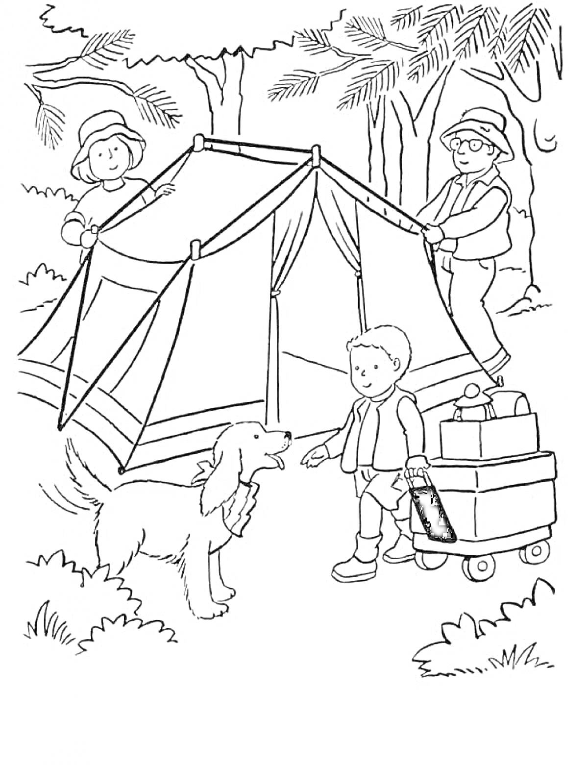 Раскраска Мужчина и женщина устанавливают палатку в лесу, рядом стоит мальчик с тележкой и собакой
