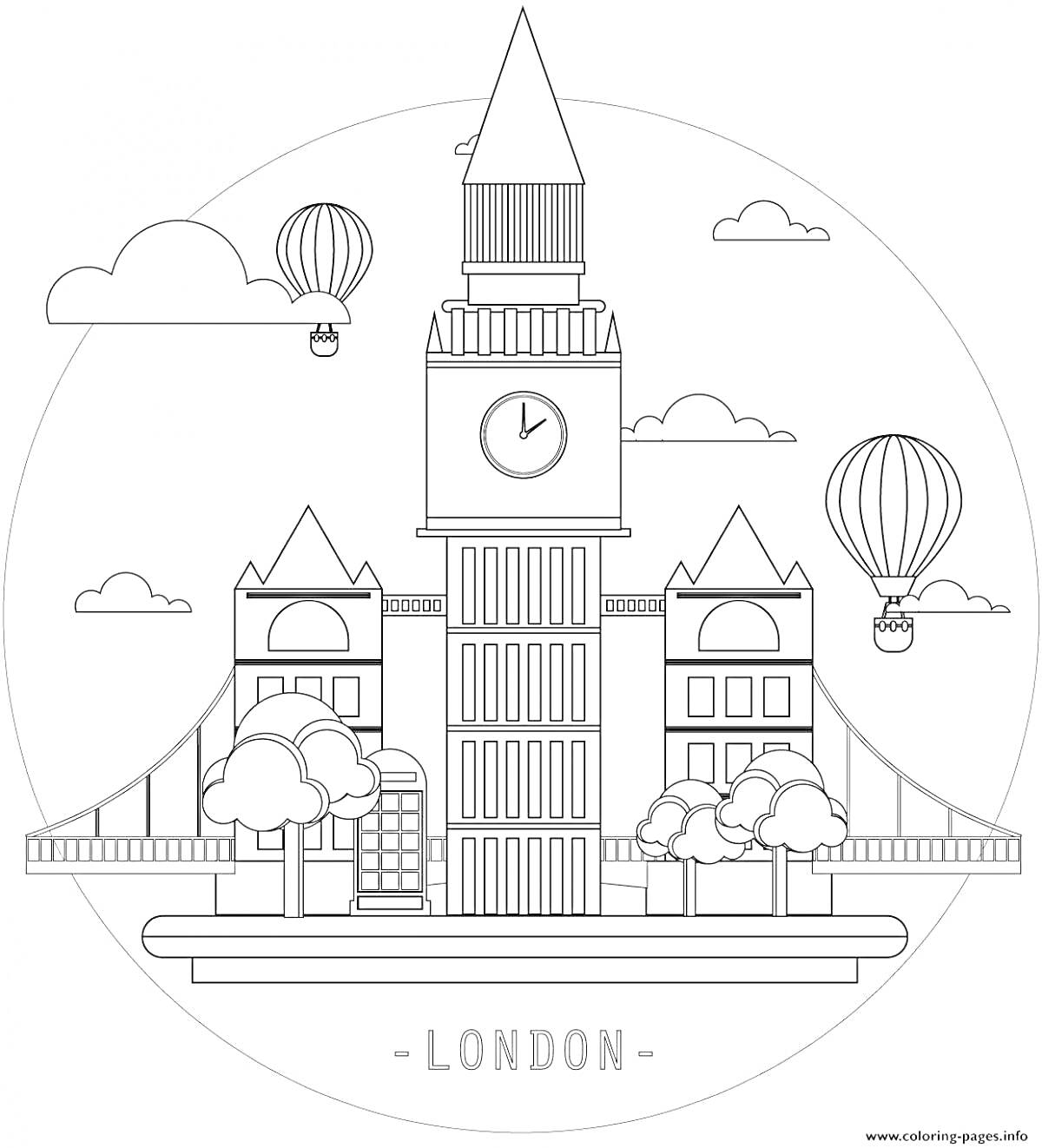 На раскраске изображено: Лондон, Деревья, Воздушные шары, Облака, Телефонная будка, Англия, Архитектура, Городской пейзаж