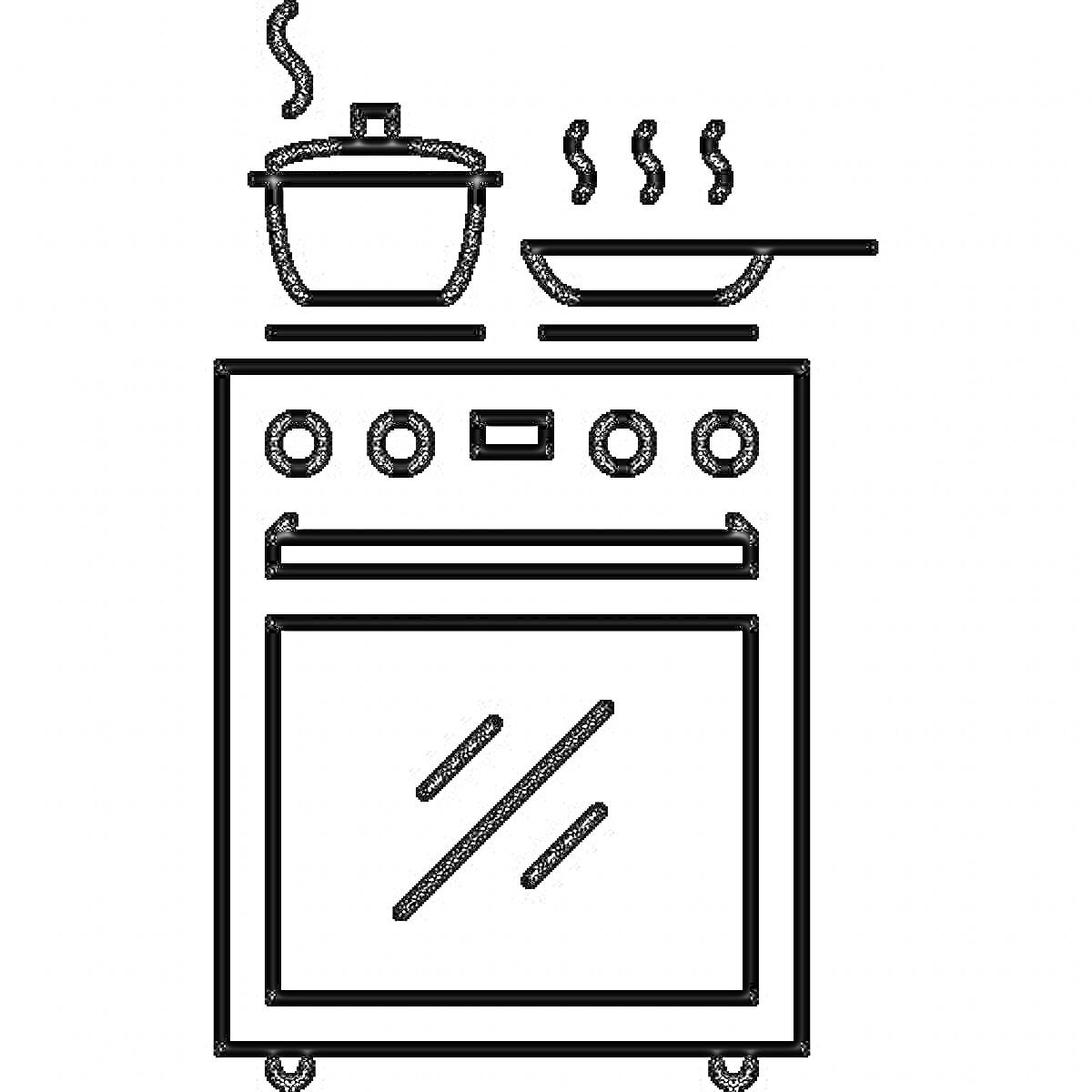 На раскраске изображено: Плита, Сковорода, Пар, Готовка, Кухня, Духовка, Кухонная техника